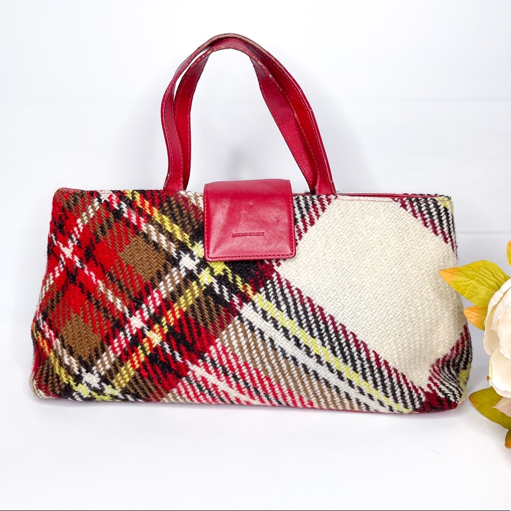 Burberry Red and Multicolor Plaid Satchel